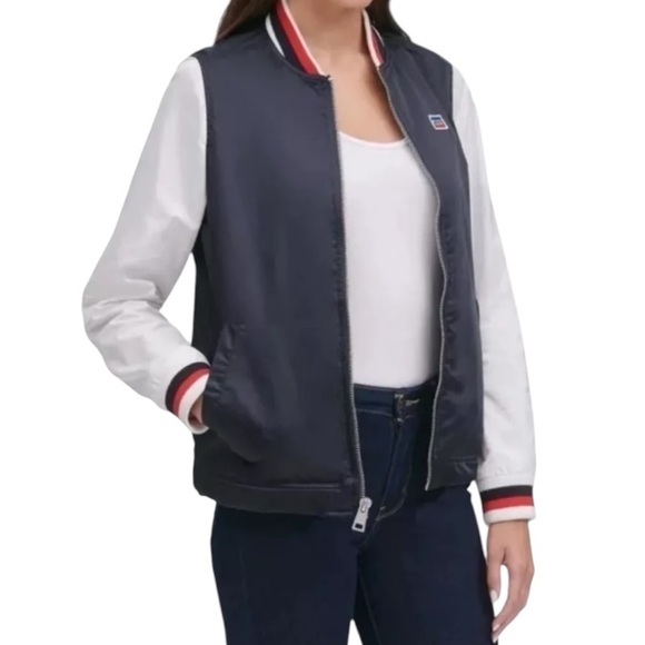 $100 Navy Levi’s Retro Varsity Bomber Jacket Medium Colorblock Stripe Trim NWT - Picture 3 of 16